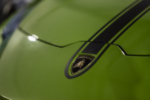 Close-up of Lamborghini badge on a green bonnet with black stripe